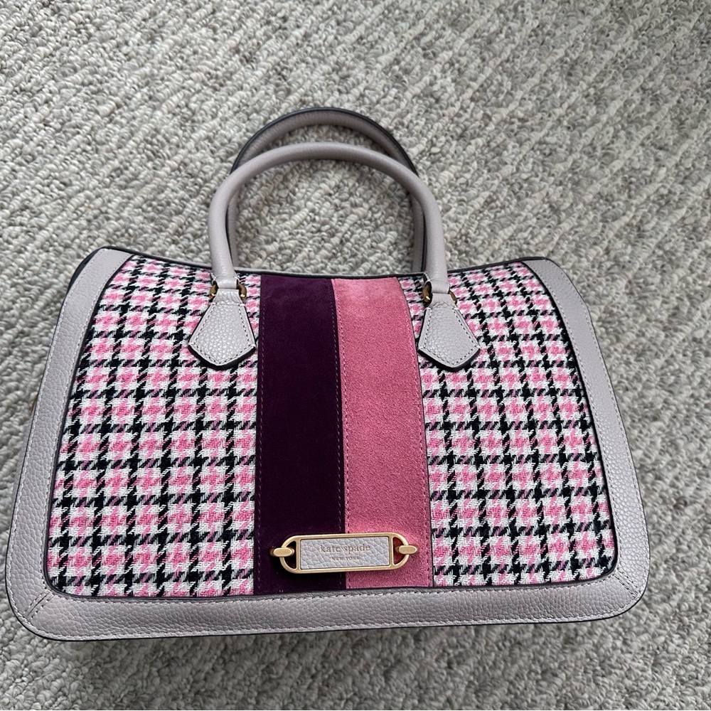 Kate Spade New York Gramercy Racing Stripe Plaid Twill Satchel - Mushroom/pink - Picture 1 of 10